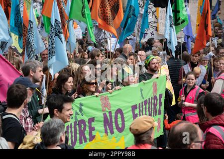 Grandi folle si radunano per un raduno di fronte all'Abbazia di Westminster, Londra, il secondo giorno delle proteste climatiche "The Big One" della ribellione dell'estinzione. Foto Stock