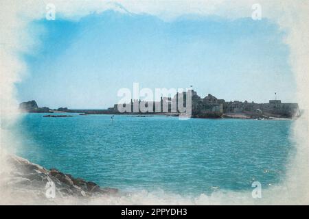 Elizabeth Castle pittura acquerello digitale. Porto di St Helier della dipendenza della Corona Britannica di Jersey, Isole del canale, Isole Britanniche. Foto Stock