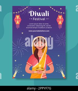 Indiano celebrando Diwali modello di poster giorno disegnato a mano Cartoon Flat Illustrazione Illustrazione Vettoriale