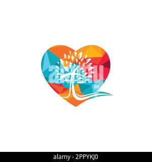 Astratto cuore e albero simbolo croce religiosa icona disegno vettoriale. Illustrazione Vettoriale