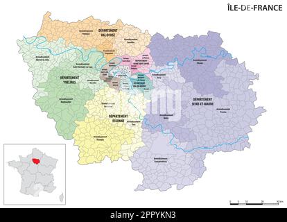 Mappa amministrativa dettagliata della regione Ile-de-France, Francia Illustrazione Vettoriale