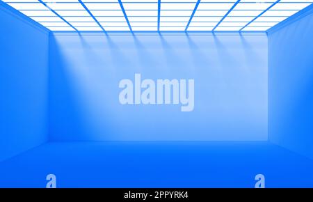 Mostra stanza vuota blu con luce nel tetto. Rendering 3D. Foto Stock