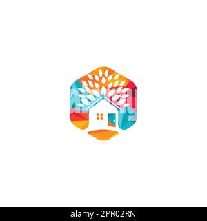 Tree House logo illustrativo per la cura ambientale di business. Modello di progettazione vettoriale Eco House. Illustrazione Vettoriale