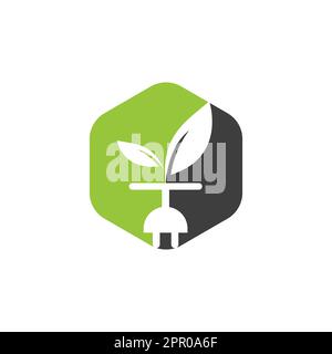 Concetto di logo energia elettrica verde. Icona spina elettrica con foglie. Illustrazione Vettoriale