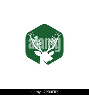 Disegno del logo vettoriale delle corna di foglie di cervo. Illustrazione Vettoriale