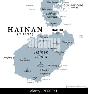 Hainan, la provincia più piccola e meridionale della Cina, Repubblica popolare Cinese, mappa politica grigia. Isola Hainan con la capitale Haikou, e varie isole più piccole. Foto Stock