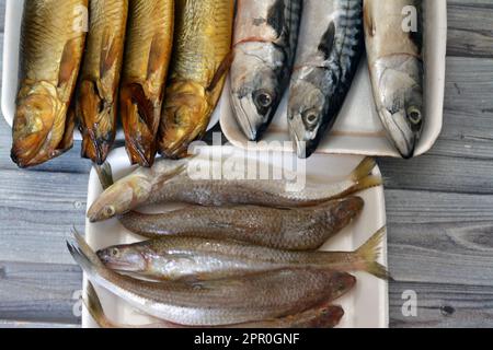 Vari tipi di pesci crudi di sgombro, Saurida undosquamis, il lucertola brushtooth, grinner su larga scala o saraceno largescale e salato affumicato Foto Stock