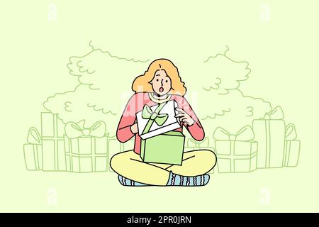 Felice ragazza di apertura regali di Natale Illustrazione Vettoriale