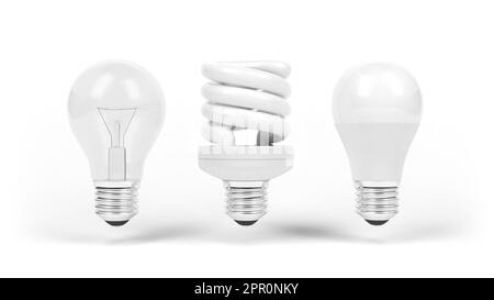 Diodo ad emissione luminosa, lampadina a incandescenza e lampada fluorescente compatta. Lampadine isolate su bianco. CFL. LED. illustrazione 3d. Foto Stock