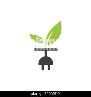Concetto di logo energia elettrica verde. Icona spina elettrica con foglie. Illustrazione Vettoriale