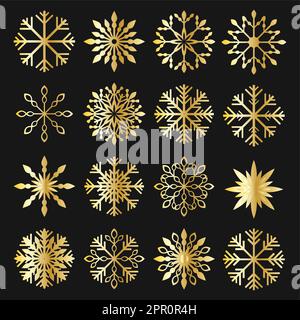 Fiocchi di neve oro elegante set icone Illustrazione Vettoriale