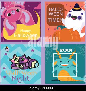 Happy Halloween Card, set di 4 carte Illustrazione Vettoriale