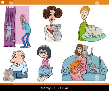 proprietari di animali domestici del cartone animato con il loro set comic dei gatti Illustrazione Vettoriale