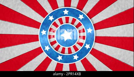 Composizione di cerchi blu con stelle e strisce rosse su sfondo bianco Foto Stock