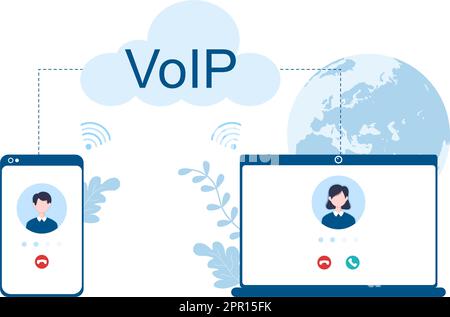 VOIP o Voice over Internet Protocol con tecnologia di schema di telefonia e software di chiamata telefonica di rete in modello disegno a mano Cartoon Flat Illustrazione Illustrazione Vettoriale