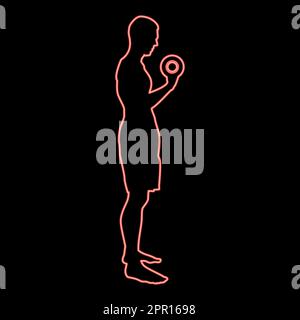 Neon uomo fare esercizi con manubri sport azione maschile allenamento silhouette vista laterale icona rosso colore vettore illustrazione immagine stile piatto Illustrazione Vettoriale