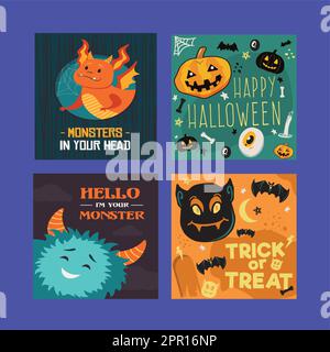 Set di Happy Halloween e Trick o trattare biglietti d'auguri Illustrazione Vettoriale