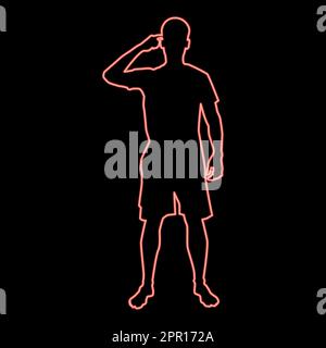 Neon uomo che punta al tempio con un dito silhouette vista frontale bisogno pensiero concetto icona rosso colore vettore illustrazione immagine stile piatto Illustrazione Vettoriale