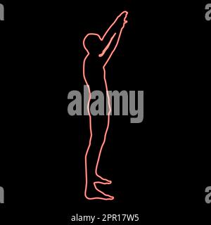 Neon uomo con le braccia sollevato sportivo alzando le mani vista laterale icona rosso colore vettore illustrazione immagine stile piatto Illustrazione Vettoriale