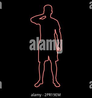 Neon uomo chiudere gli occhi le sue mani silhouette vista frontale icona rosso colore vettore illustrazione immagine stile piatto Illustrazione Vettoriale