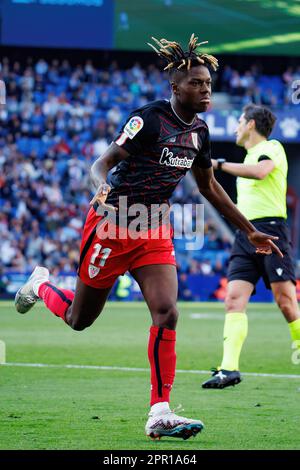 BARCELLONA - Apr 8: Nico Williams festeggia dopo aver segnato un gol alla partita di LaLiga tra RCD Espanyol e Athletic Club de Bilbao allo Stad RCDE Foto Stock