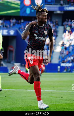 BARCELLONA - Apr 8: Nico Williams festeggia dopo aver segnato un gol alla partita di LaLiga tra RCD Espanyol e Athletic Club de Bilbao allo Stad RCDE Foto Stock