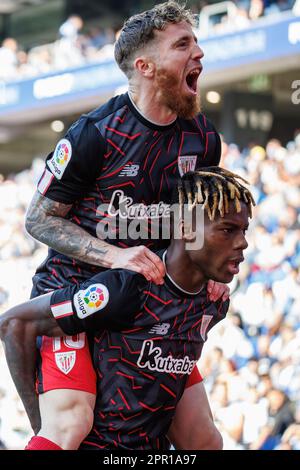 BARCELLONA - Apr 8: Nico Williams festeggia dopo aver segnato un gol alla partita di LaLiga tra RCD Espanyol e Athletic Club de Bilbao allo Stad RCDE Foto Stock