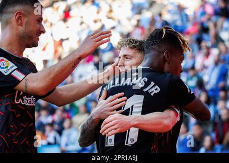 BARCELLONA - Apr 8: Nico Williams festeggia dopo aver segnato un gol alla partita di LaLiga tra RCD Espanyol e Athletic Club de Bilbao allo Stad RCDE Foto Stock