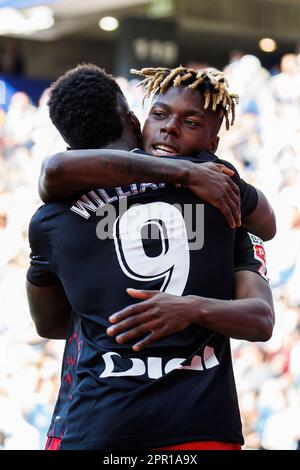 BARCELLONA - Apr 8: Nico Williams festeggia dopo aver segnato un gol alla partita di LaLiga tra RCD Espanyol e Athletic Club de Bilbao allo Stad RCDE Foto Stock