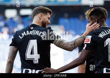 BARCELLONA - Apr 8: Nico Williams festeggia dopo aver segnato un gol alla partita di LaLiga tra RCD Espanyol e Athletic Club de Bilbao allo Stad RCDE Foto Stock