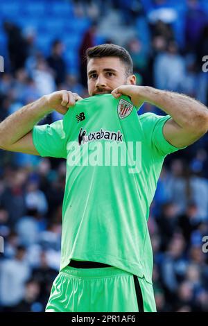 BARCELLONA - Apr 8: Unai Simon in azione alla partita di LaLiga tra RCD Espanyol e Athletic Club de Bilbao allo stadio RCDE il 8 aprile 2023 in B Foto Stock