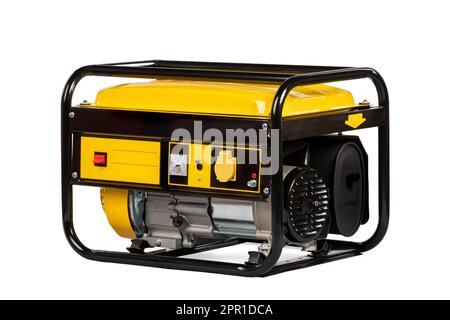 Generatore di gas elettrico portatile giallo e nero isolato su bianco per energia di riserva. Foto Stock