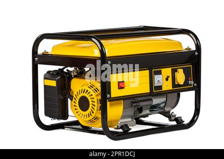 Generatore di gas elettrico portatile giallo e nero isolato su bianco per energia di riserva. Foto Stock