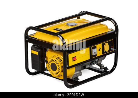 Generatore di gas elettrico portatile giallo e nero isolato su bianco per energia di riserva. Foto Stock