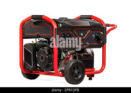 Generatore di gas elettrico portatile rosso e nero isolato su bianco per l'energia di riserva. Foto Stock