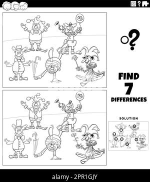 attività differenze con cartoon clown colorazione pagina Illustrazione Vettoriale