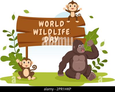 World Wildlife Day il 3rd marzo per aumentare la consapevolezza degli animali, piantare e preservare il loro habitat nella foresta in Cartoon piano modello disegnato a mano Illustrazione Illustrazione Vettoriale