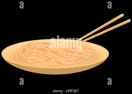 Spaghetti al wok in un piatto di bambù con bacchette su sfondo nero. Immagine vettoriale Illustrazione Vettoriale