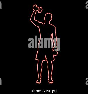Neon uomo fare esercizi con manubri sport azione maschile allenamento silhouette vista frontale icona rosso colore vettore illustrazione immagine stile piatto Illustrazione Vettoriale
