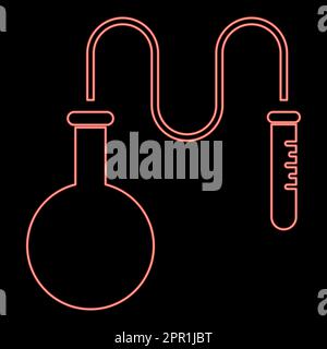 Fiasca per distillazione in olio al neon per reagenti chimici con provetta per analisi utilizzando una provetta sottile concetto di reazione chimica vettore di colore rosso immagine piatta Illustrazione Vettoriale