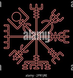 Bussola runica neon vegvisir galdrastav Navigation bussola simbolo rosso colore vettore illustrazione immagine piatta Illustrazione Vettoriale