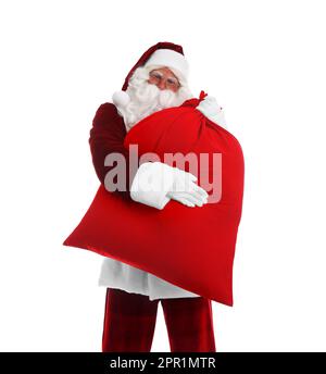 Babbo Natale con sacco su sfondo bianco Foto Stock