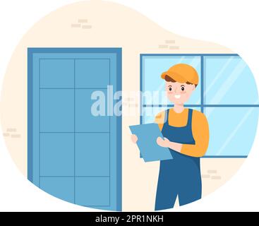 Servizio di installazione di finestre e porte con lavoratore per la riparazione a casa e ristrutturazione utilizzare gli attrezzi in Cartoon piano modello disegnato a mano Illustrazione Illustrazione Vettoriale