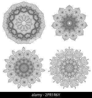 Set di ornamenti geometrici circolari. Guilloche Rosettes isolato. Decorazioni rotonde ornamentali. Illustrazione Vettoriale