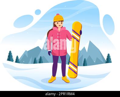 Snowboard con persone che scivolano e saltano sul lato Snowy Mountain o Slope Inside Flat Cartoon modelli disegnati a mano Illustrazione Illustrazione Vettoriale