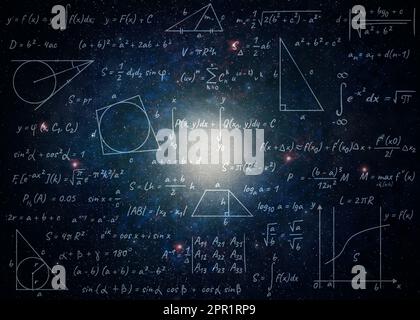 Illustrazione delle formule di fisica e matematica di base e della galassia nell'universo Foto Stock