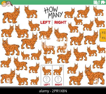 Cartoon illustrazione del gioco educativo di contare le immagini orientate a sinistra e a destra del carattere animale selvatico lince Illustrazione Vettoriale
