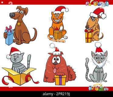 Cartoon cani e gatti con set regalo di Natale Illustrazione Vettoriale