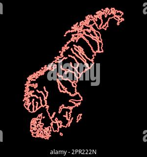 Mappa al neon della Scandinavia colore rosso vettore illustrazione immagine stile piatto Illustrazione Vettoriale