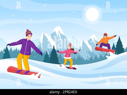 Snowboard con persone che scivolano e saltano sul lato Snowy Mountain o Slope Inside Flat Cartoon modelli disegnati a mano Illustrazione Illustrazione Vettoriale